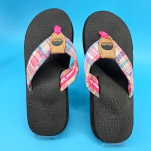Tidewater Womens Flip Flops Black Yoga Mat Footbed Pink Plaid Thong Sandals 9